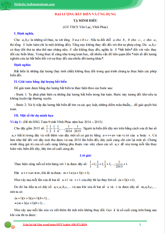 Đại lượng bất biến và ứng dụng trong giải toán